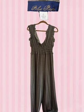 Blue Rain Olive Green Smocked Ruffled-Strap Jumpsuit